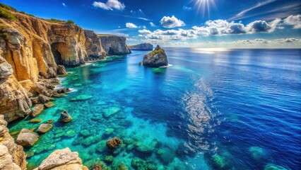 Naklejka premium A stunning blue ocean with rocky cliffs in the background, ocean, blue, rocks, cliff, scenery, beautiful, nature, serene