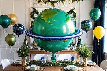 Three Dimensional Green Planet Balloon Ideal for Birthdays and Festive Celebrations