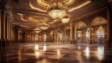 Obraz premium A grand ballroom with ornate chandeliers, marble floors, and gold accents.