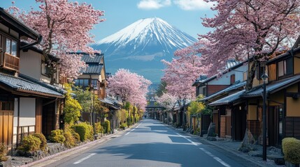 Cherry blossoms blooming on path leading to mount fuji