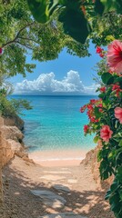 Stone path leading to beautiful turquoise sea and blooming flowers