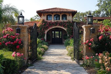 Fototapeta premium Luxurious mediterranean villa hiding behind ornate iron gate