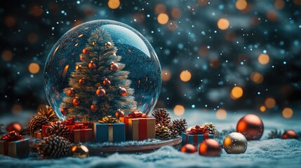 Christmas snow globe sparkling on snowy surface with falling snowflakes and presents