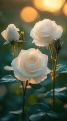 White roses blooming in garden on sunny day