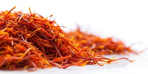 Fototapeta premium Vibrant saffron threads on a white background, spice, herb, cooking, ingredient, gourmet, yellow, fragrant, expensive