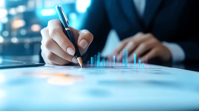 Business professional analyzing graphs and charts on paper with a pen, office setting.