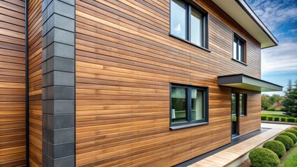 Wood texture composite cladding installation on house facade featuring WPC exterior wall siding panels, wood, texture