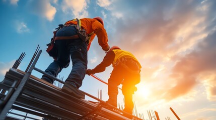 Fototapeta premium Construction workers collaborating on scaffolding against a dramatic sunset sky.