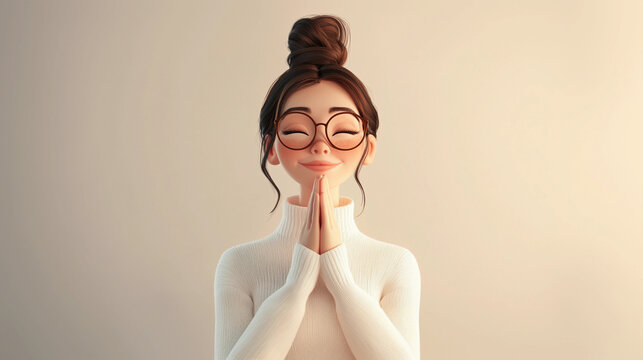 A cartoon woman in a white sweater is thinking dreaming praying for something good