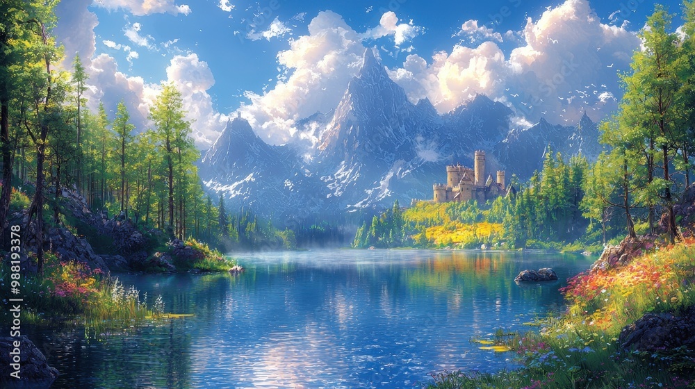 Poster majestic mountain lake with castle and forest