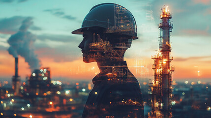 Double exposure Engineer hardhat integrates cloud-based platforms for global coordination of supply chain activities.