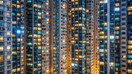 Fototapeta premium Night view of glowing windows in a high-rise apartment building in Hong Kong, Hong Kong, high-rise, apartment, building