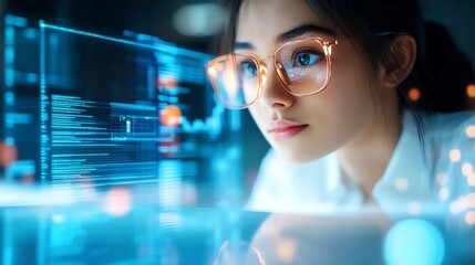 Focused young woman in glasses analyzing data on digital screen with blue light reflections.