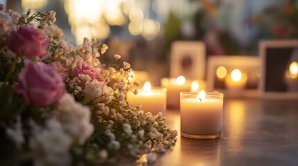 artistic shot capturing a row of lit funeral and candles