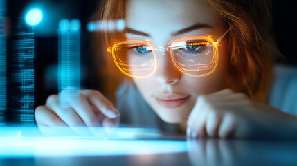Focused woman with augmented reality glasses interacting with digital data.