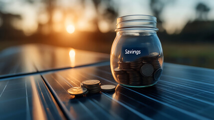 Fototapeta premium Glass jar labeled Savings filled with coins, placed on solar panels under sunset lighting.