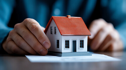 Hands holding a model house on paperwork, symbolizing real estate and home ownership.