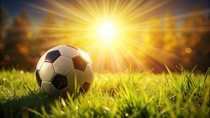 Soccer ball in grass with shaft of sunlight, soccer, ball, grass, sunlight, sports, outdoor, field, green, recreation, leisure