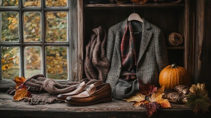 Cozy Autumn Wardrobe Essentials Against Rustic Window