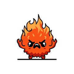 A cartoon character of a cute fire monster with an angry expression, has big eyes, furrowed eyebrows, and a round body like fire with bright orange and red colors