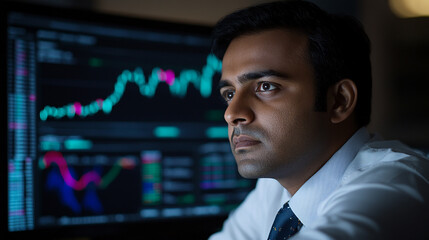 Fototapeta premium Indian businessman analyzing stock market graphs on a computer screen modern portrait background financial data