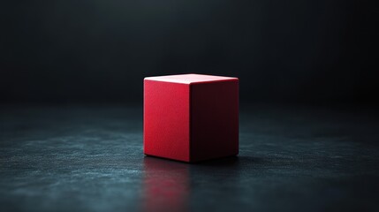 A solitary red cube on a dark surface, emphasizing simplicity.