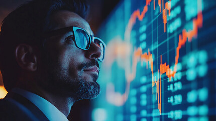 Indian businessman analyzing stock market graphs on a computer screen modern portrait background financial data