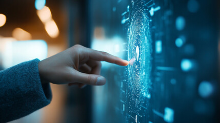 Hand touch visual screen to access AI-driven recruitment tools for HR analytics.