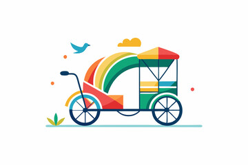 Colorful, minimalistic, flat style of cartoon illustration vector graphic logo on a white background. A rickshaw, a bicycle with a covered carriage for carrying passengers, and birds flying in the sky