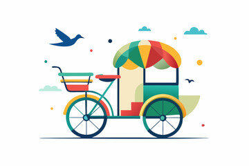 Colorful, minimalistic, flat style of cartoon illustration vector graphic logo on a white background. A rickshaw, a bicycle with a covered carriage for carrying passengers, and birds flying in the sky