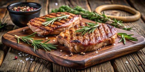Grilled pork steaks with rosemary and salt on an old board, food, cooking, grilling, pork, steaks, rosemary, salt