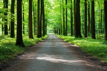 Obraz premium A peaceful forest path, with sunlight filtering through the trees and birds singing, creating a relaxing atmosphere for a walk