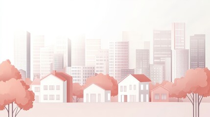 Fototapeta premium Serene Cityscape: Minimalistic 2D Vector Illustration of Neighborhood Buildings in Soft Pastel Tones