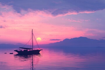 Fototapeta premium A Peaceful Boat Gently Floating On Calm Waters Under A Soft Sunset Sky, Creating A Serene And Cozy Atmosphere. Cozy Vibe, Generative AI 