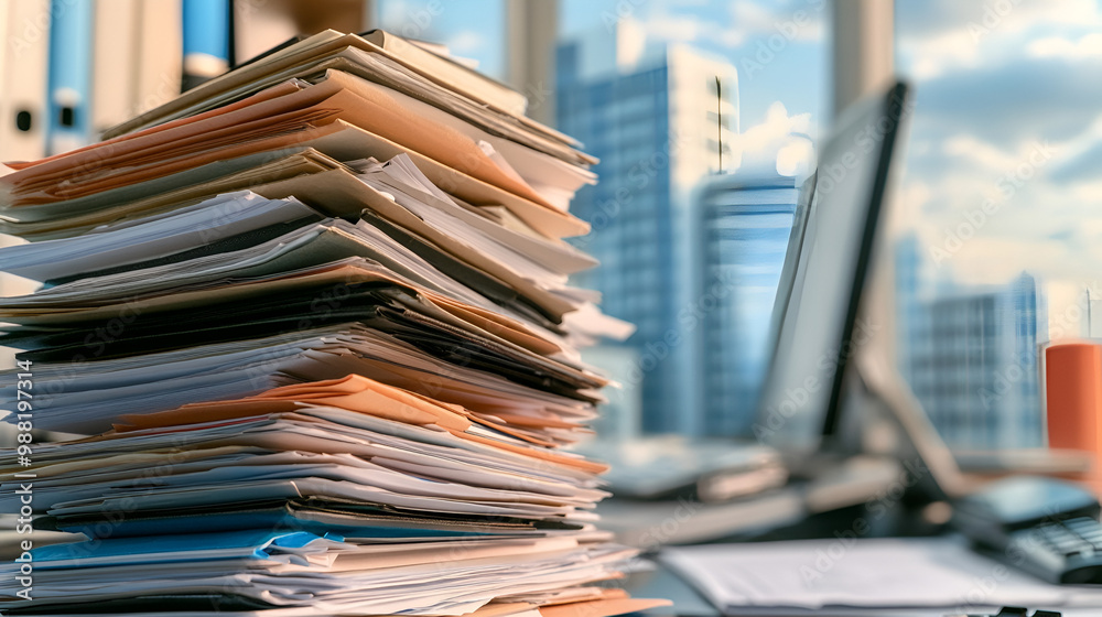 Wall mural pile or stack of many papers, paperwork documents, bureaucracy, messy finance report and accounting 