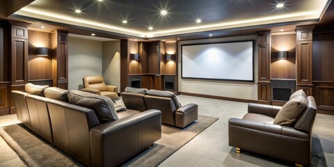 Fototapeta premium Home cinema setup with large screen, comfortable seating, and surround sound system, movie night, entertainment