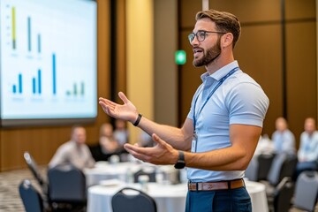 A professional speaker presenting at a conference, engaging with the audience through storytelling and visuals