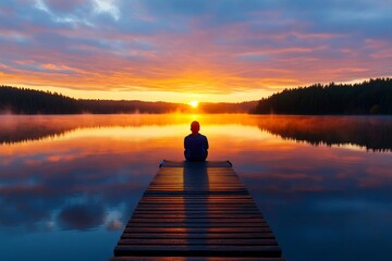 A quiet lake at sunrise, with a person sitting on a dock, taking in the beauty of the peaceful water and the soft glow of the sun