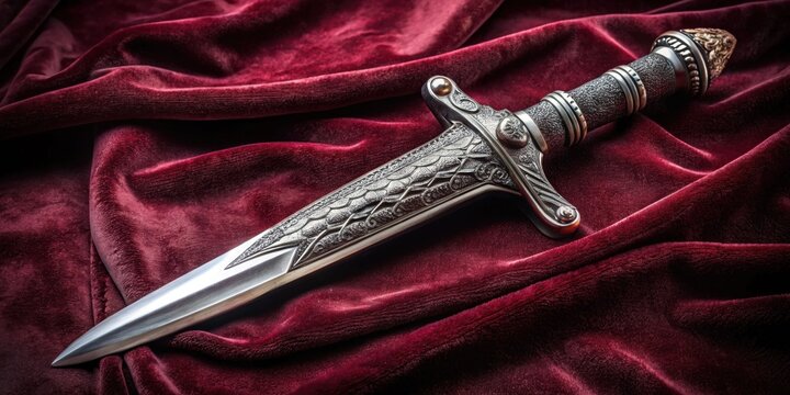 Circassian Adyghe Kama silver dagger resting on dark velvet material, silver, dagger, weapon, Circassian, Adyghe, Kama