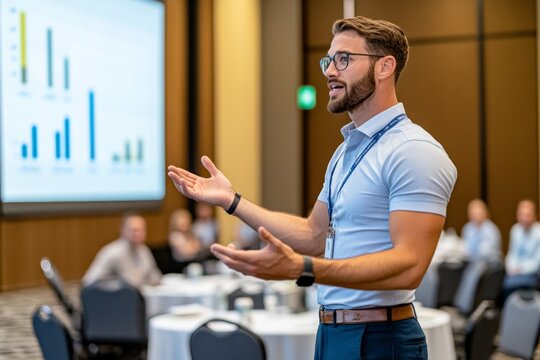 A professional speaker presenting at a conference, engaging with the audience through storytelling and visuals