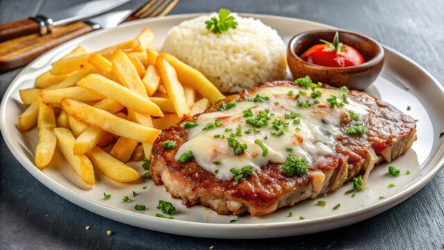 Delicious Parmegiana steak served with rice and chips , Parmegiana, steak, filet, meat, tomato sauce, cheese, breaded, fried, meal
