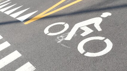 Bike lane asphalt sign, New York City. Bicycle path, cycle route for bicyclists, Manhattan. Way for roller skating and skates. Recreational sport activity infrastructure, biker cycling, United States.