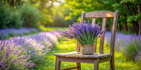 A peaceful, rustic scene with a bouquet of lavender resting on a chair in the garden, lavender, bouquet, chair, garden