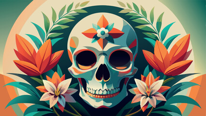 Skull adorned with tropical flowers, vibrant style, for Day of the Dead-inspired decor, invitations, poster designs