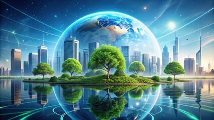 Futuristic graphics showcasing sustainable environments with advanced technology , sustainable, industry