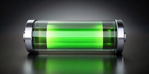 Abstract rendering of battery with green indicator for charging process, energy, power, recharge, technology, electricity