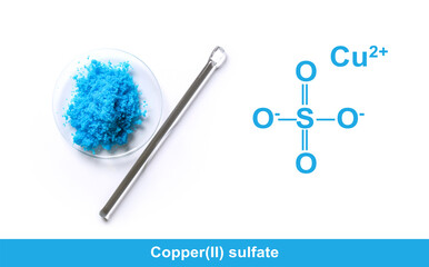 Copper(II) sulfate with molecular structure. Chemical ingredient used in medical and public health issues.