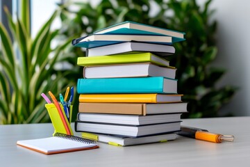 A stack of productivity books on a desk, with a notebook and highlighter beside it, ready for learning new strategies