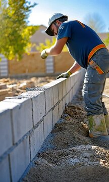 Building a retaining concrete block wall with a man levelling tool on a newly acquired property