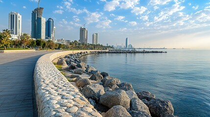 The Jeddah Corniche waterfront, with modern landmarks and the Red Sea in the background